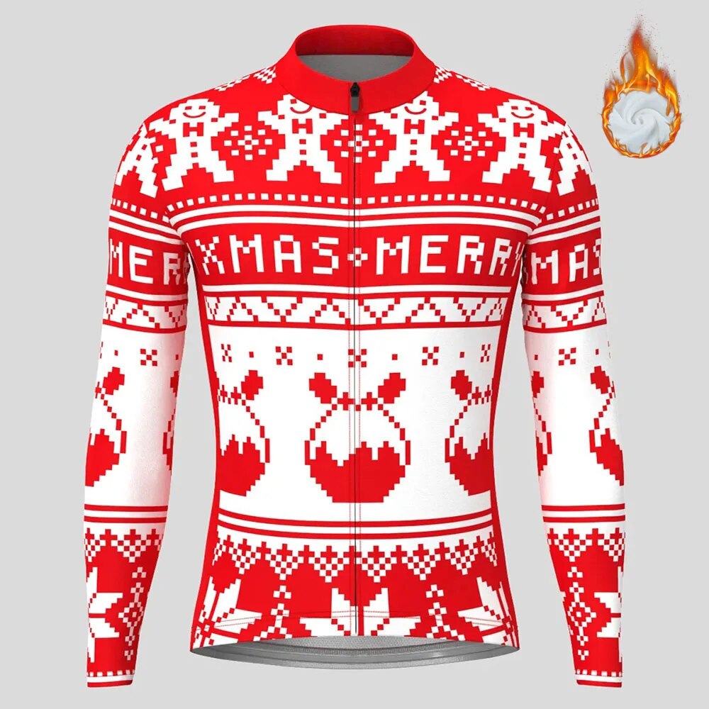 Christmas Long Sleeve Cycling Jersey Winter Fleece Wool