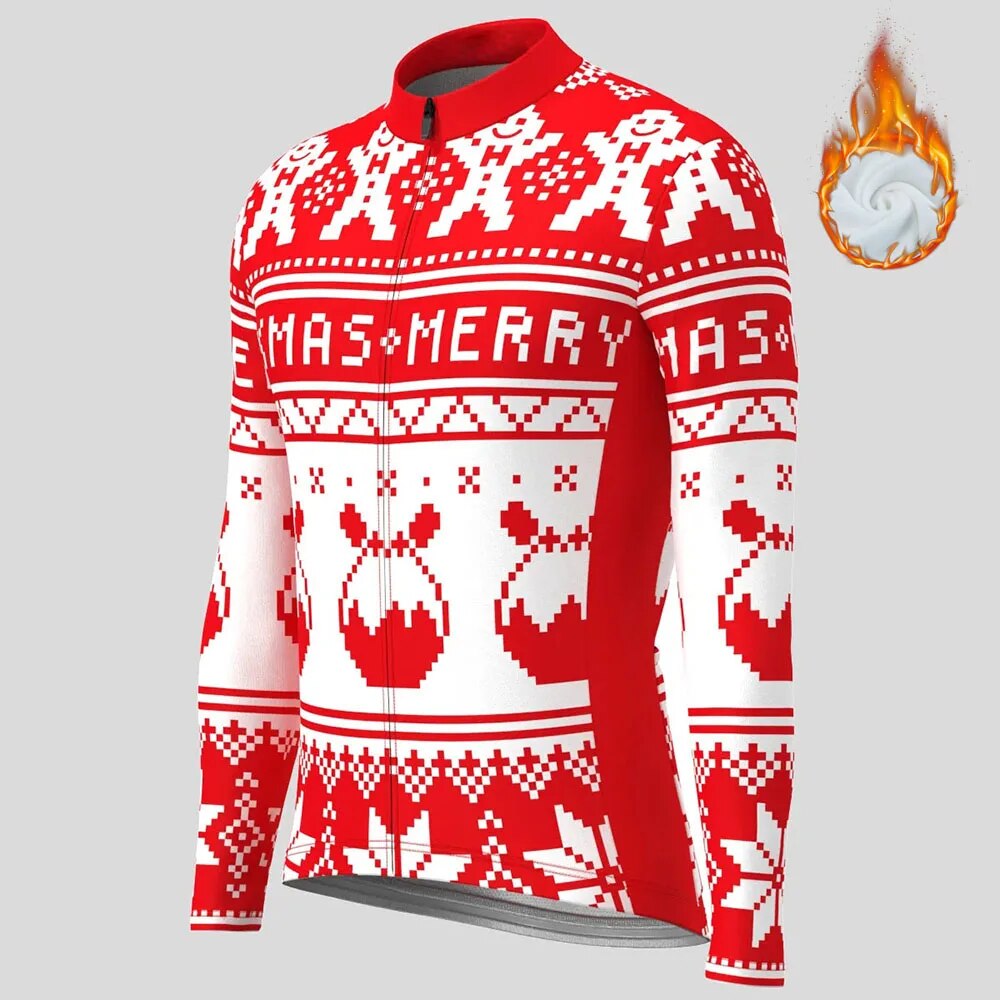 Christmas Long Sleeve Cycling Jersey Winter Fleece Wool