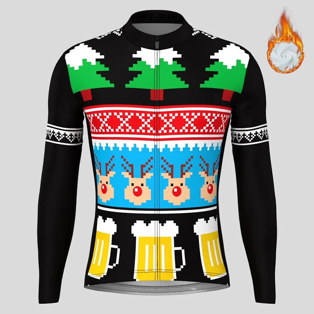 Christmas Long Sleeve Cycling Jersey Winter Fleece Wool