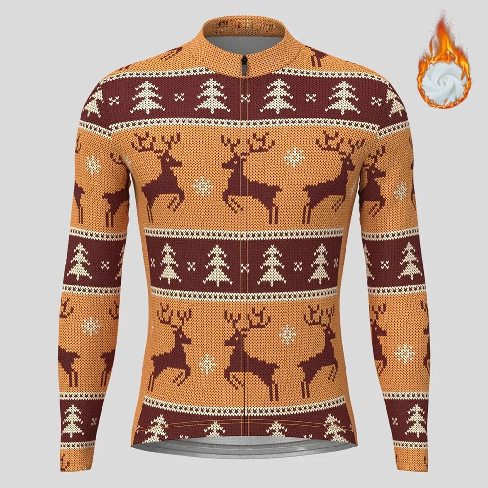 Christmas Long Sleeve Cycling Jersey Winter Fleece Wool