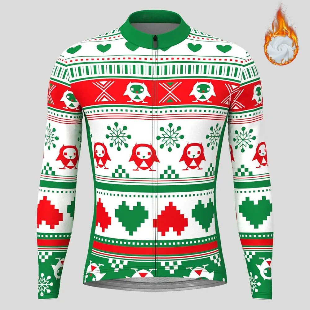 Christmas Long Sleeve Cycling Jersey Winter Fleece Wool